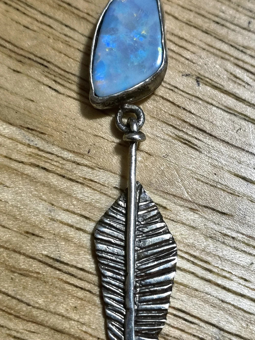 Vintage Sterling Silver& Natural Opal Feather Pendant Navajo Necklace Signed